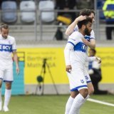 La joie de Morgan Poaty après son but qui permet à Lausanne de mener 2-0. KEYSTONE/CYRIL ZINGARO